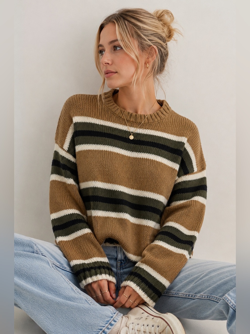 Urban Outfitters Striped Crewneck Sweater Tan Green Black Ivory Knit Size Small